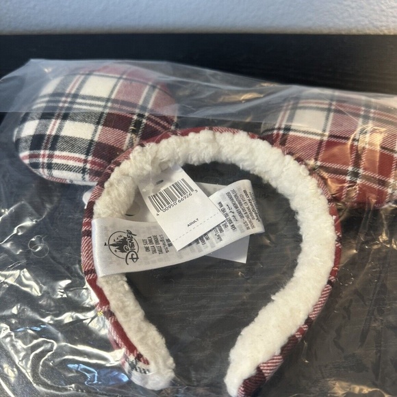 2022 Disney Parks Mickey Mouse Holiday Plaid Fuzzy Christmas Ears Headband Joy - Picture 3 of 5